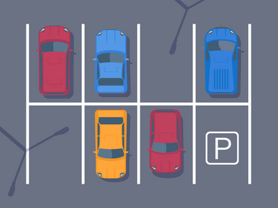 免费停车场，有不同的车。 顶部视图矢量插图。 平式风格