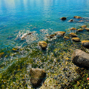 海滩岩石和带蓝水的海岸