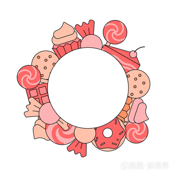 棒棒糖,糖果巧克力和冰淇淋的甜框 平面和线条样式的矢量插图