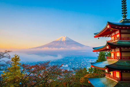 日本大林秋季枫叶树旁有翠藤宝塔的富士山美景