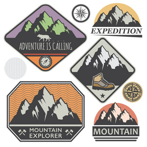 山野探险标志或邮票集矢量插图图片