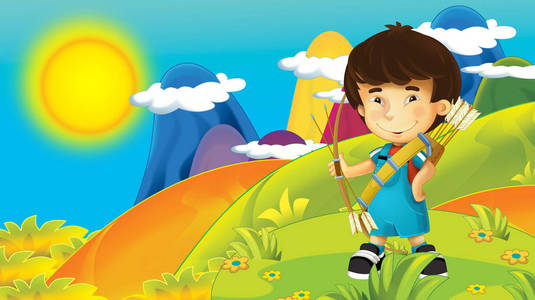卡通夏季或春季自然背景在山区与儿童在自然中的训练，为儿童提供文字插图的空间