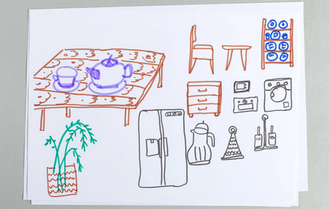 儿童图纸集不同的厨房家具和餐具，儿童轮廓，桌椅，各种用具设备和室内植物隔离在白色背景上。