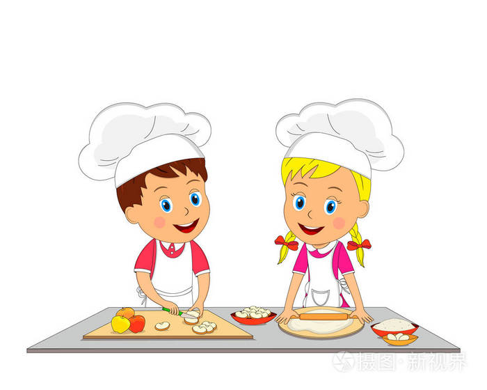 孩子们男孩和女孩在白色背景上做饭矢量插图