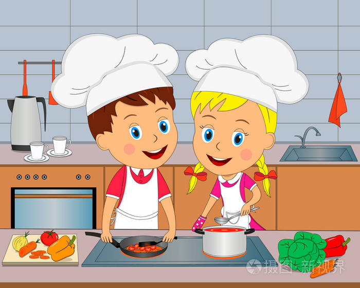 孩子们,男孩和女孩正在厨房做饭,矢量,插图