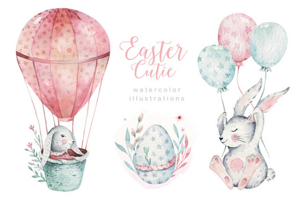 手绘水彩，快乐复活节套装，兔子设计。兔子波西米亚风格，孤立的波霍插图上的白色。可爱的兔宝宝插图设计