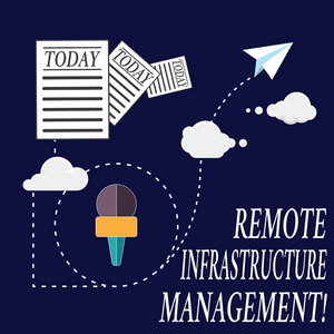 显示远程基础结构管理的文本符号。计算机硬件和软件信息和文档的概念照片管理通过云托管快速数据交付