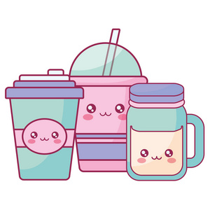 塑料杯容器和罐 kawaii 字符