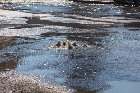 水从道路污水舱口流出。 污水的排水喷泉。 污水系统事故。 肮脏的污水在道路上流动喷泉。 从舱口流出的水