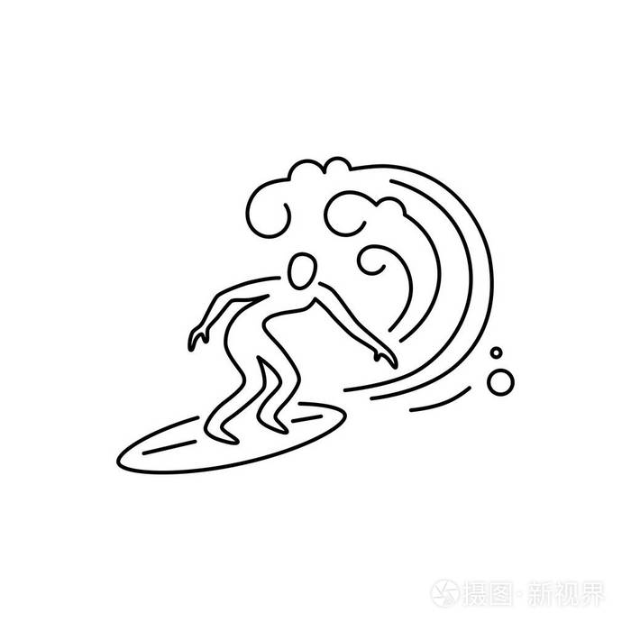 冲浪标志设计. 冲浪和大浪. 线条样式矢量插图.