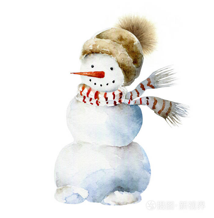水彩雪人在围巾和帽子圣诞节水彩画
