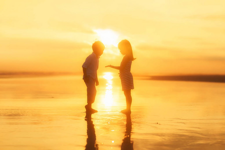 日落时站在海滩上的小女孩和男孩的剪影