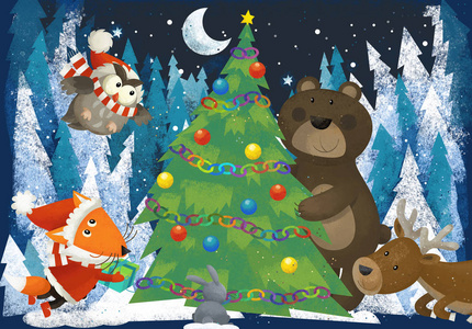 冬天的场景与森林动物驯鹿熊狐狸和猫头鹰附近的圣诞树传统的场景儿童插图
