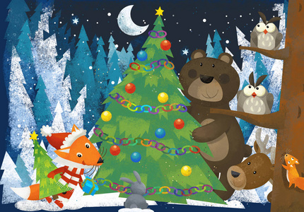 圣诞树附近有森林动物驯鹿熊和狐狸的冬季场景传统场景儿童插图