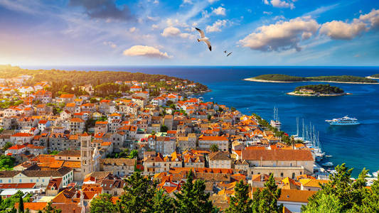 s flying over city, famous luxury travel destination in Croatia.