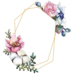 粉红色的花花花束。水彩背景插图集。框架边框装饰正方形