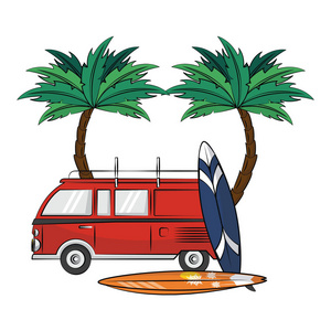 夏季复古车与冲浪桌沙滩卡通彩色矢量插图平面设计