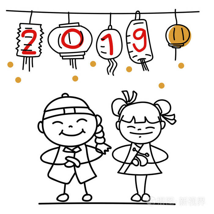 中国新年快乐,2019年农历新年概念. 用于着色的线条艺术.