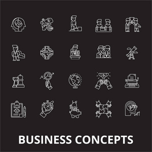 商业概念可编辑的行图标向量设置在黑色背景上。商业概念白色轮廓插图, 标志, 符号