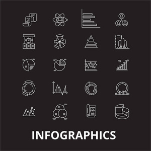 在黑色背景上设置的信息图表可编辑行图标矢量。信息图表白色轮廓插图标志符号