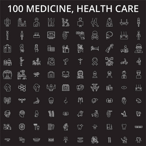 医学, 卫生保健可编辑线图标矢量设置在黑色背景。医学, 医疗白色轮廓插图, 标志, 符号
