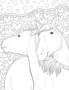 两匹马在抽象的花卉背景上，以装饰形象放松活动。着色书，成人页..禅宗艺术风格插图供印刷。海报设计。