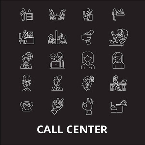 呼叫中心可编辑行图标向量设置在黑色背景上。呼叫中心白色轮廓插图标志符号
