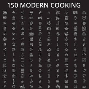 烹饪图标可编辑的线图标矢量设置在黑色背景。烹饪图标白色轮廓插图, 标志, 符号