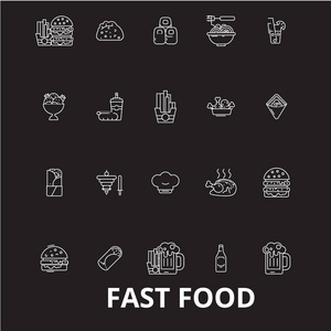 快餐可编辑行图标向量设置在黑色背景上。快餐白色轮廓插图, 标志, 符号