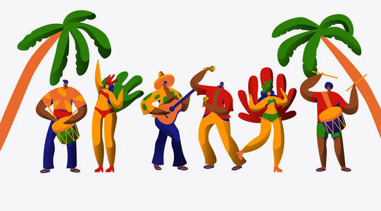 巴西狂欢节派对角色舞蹈桑巴套装。在白色背景下孤立的巴西民族节上的男女舞蹈家。异国情调的服装人收集平面卡通矢量插图
