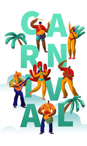 异国情调狂欢节派对角色舞蹈排版海报。男子女舞蹈家在巴西民族节日横幅模板。假日服装人卡片概念平面卡通矢量插图