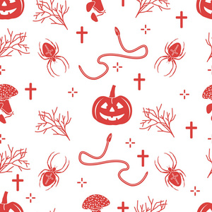 万圣节2019矢量无缝图案与南瓜分支蜘蛛蛇交叉。 设计装饰包装贺卡网页背景织物打印。