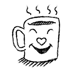 白色背景卡通插图上的独立卡通杯热笑咖啡