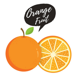 橙色的整体和一片橘子。 橘子的矢量插图。 新鲜橘子带叶子的水果。 成熟的半橙色水果，叶子