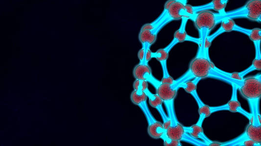 3D图说明蓝球碎片，分子结构，发光石墨烯，碳分子，三维网格..纳米技术发展的理念..3D渲染，暗背景..