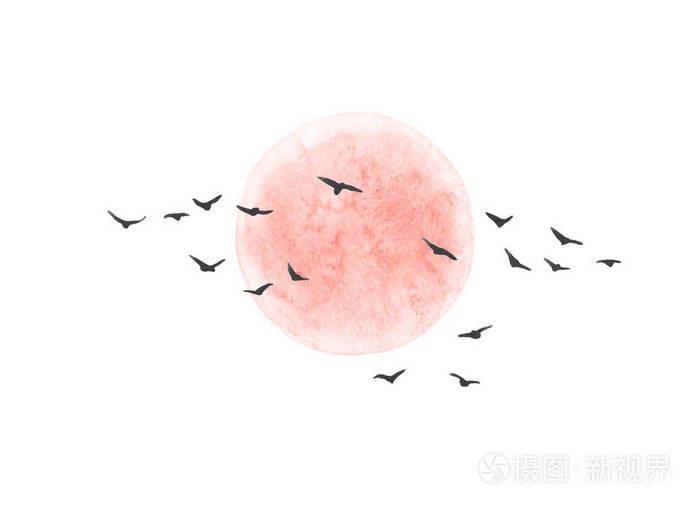 水彩画 手绘插图 红色的太阳和在白色背景上孤立的飞鸟.