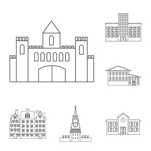 建筑和城市符号的矢量设计。建筑和商业股票向量例证的集合
