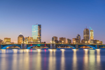 美国马萨诸塞州波士顿，黎明时分查尔斯河上的天际线。