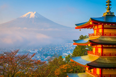 日本大林秋季枫叶树旁有朱雷托塔的富士山美景