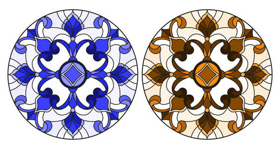 一套彩色玻璃风格的插图，圆形花安排，蓝色和棕色色调。