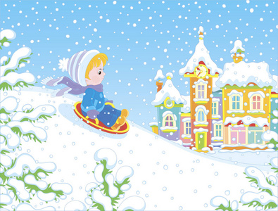 在一个冬天的公园里，一个小孩子在操场上滑下一座雪山，那里有一幅卡通风格的城镇矢量插图