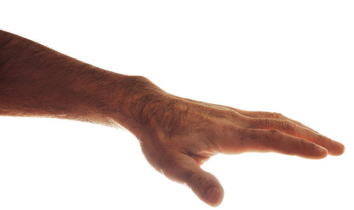 男性的手显示开放的手掌。在白色上隔离