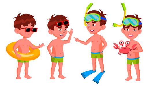 男孩幼儿园儿童波集向量。学龄前。年轻的积极的人。衣服。暑假。水上乐园,游泳池,海滩。适用于横幅宣传单宣传册设计。