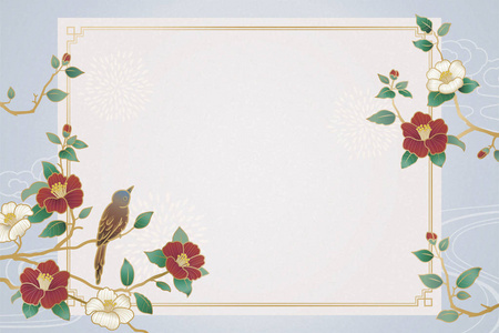 婀娜多姿的农历年背景与鸟和山茶装饰