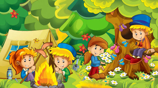 卡通自然背景与儿童在森林露营乐趣与帐篷儿童插图