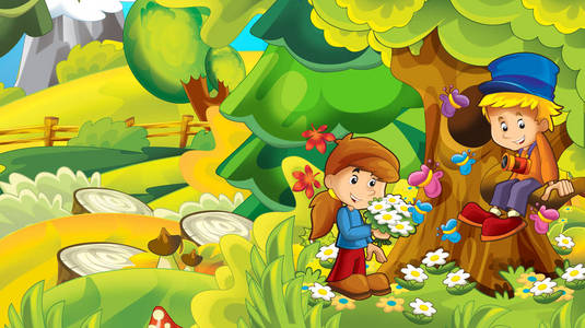 卡通自然背景，孩子们在森林中玩，为孩子们插图