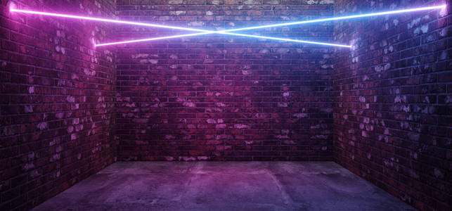 未来主义科幻复古现代霓虹灯交叉形状线条管紫粉蓝色彩色灯在黑暗空格栅混凝土砖房背景3D渲染插图