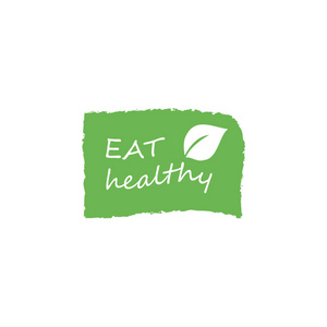 吃健康的励志海报或横幅与手的文字短语吃健康的绿色背景与时尚线性图标和水果和蔬菜的标志