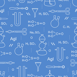 科学矢量无缝模式与烧瓶燃烧器漏斗工具和公式。 教育要素。 化学生物医学。