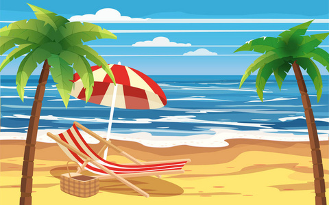 度假, 旅游, 休闲, 热带海滩, 伞, 棕榈树, 沙滩椅, 海景, 海洋, 模板, 横幅, 广告, 矢量, 插图, 孤立, 卡